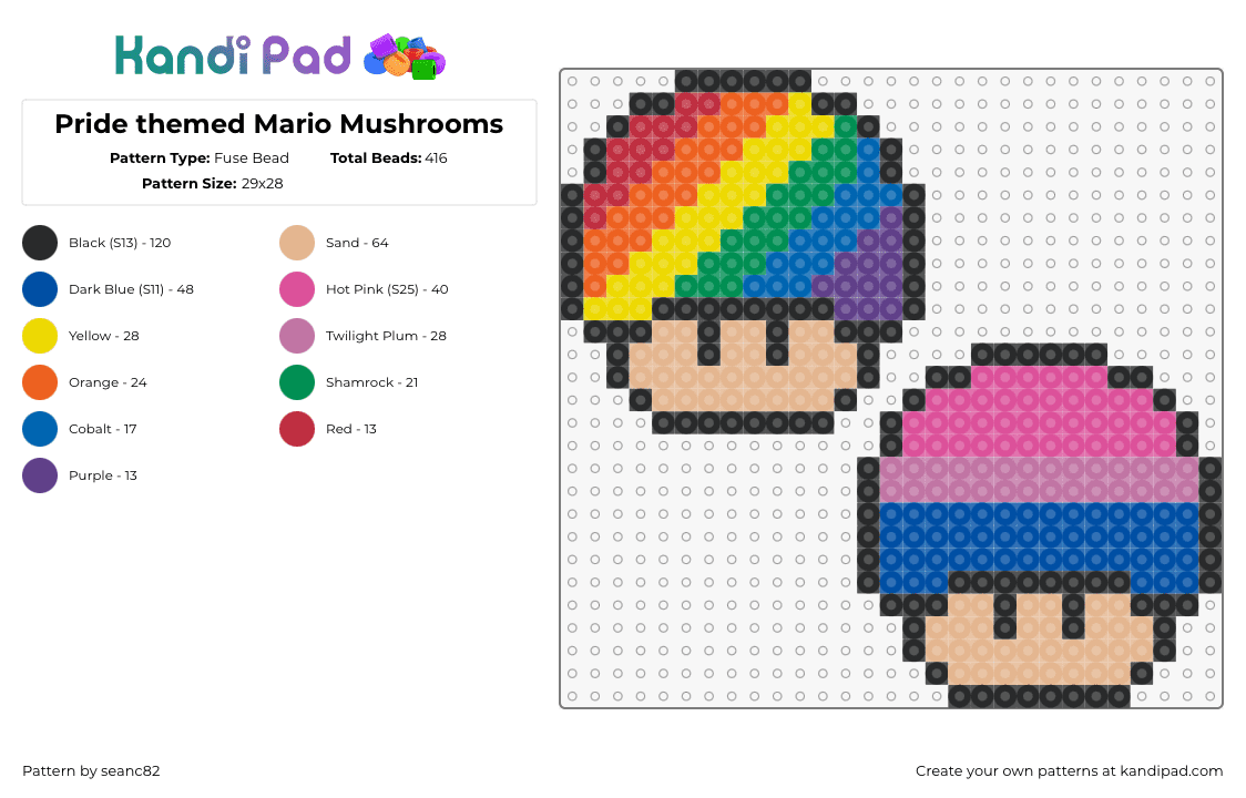 Pride themed Mario Mushrooms - Fuse Bead Pattern by seanc82 on Kandi Pad - pride,mushrooms,mario,colorful,rainbow,pink,blue