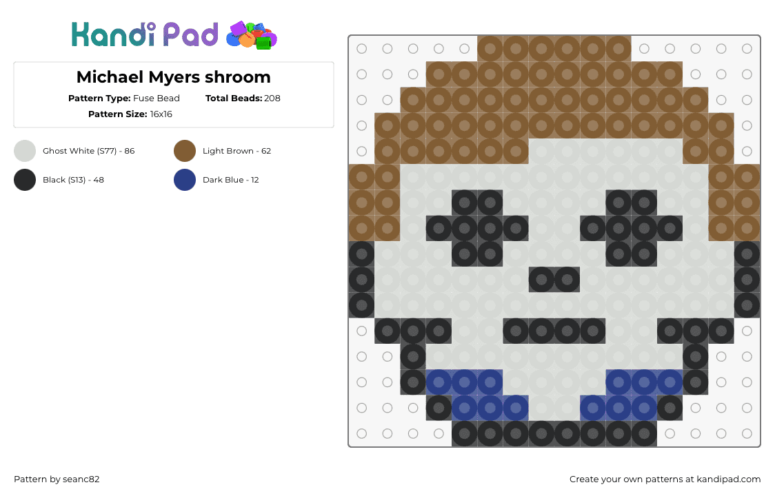 Michael Myers shroom - Fuse Bead Pattern by seanc82 on Kandi Pad - michael myers,halloween,mushroom,horror,slasher,movie,scary,spooky,mashup,gray,brown,blue