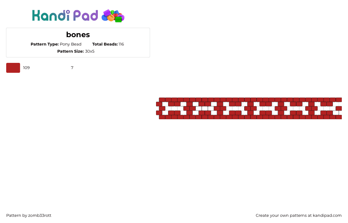 bones - Pony Bead Pattern by zomb33rott on Kandi Pad - bones,repeating,bracelet,cuff,red,white