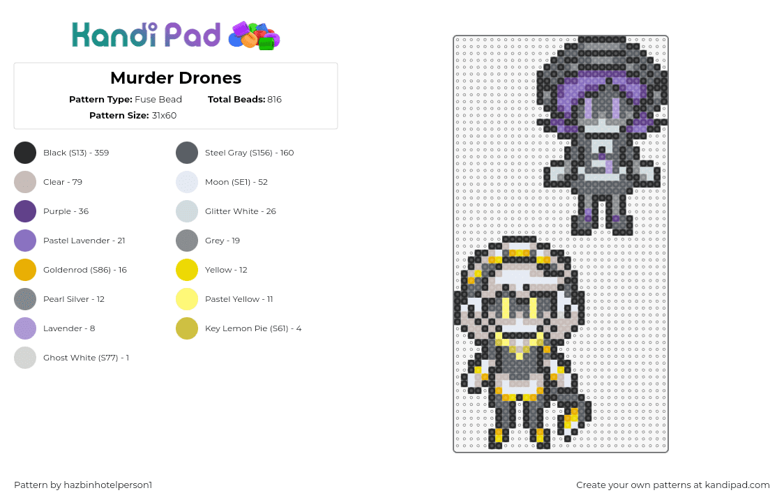 Murder Drones - Fuse Bead Pattern by hazbinhotelperson1 on Kandi Pad - uzi doorman,n,murder drones,characters,tv show,animation,gray,purple,yellow