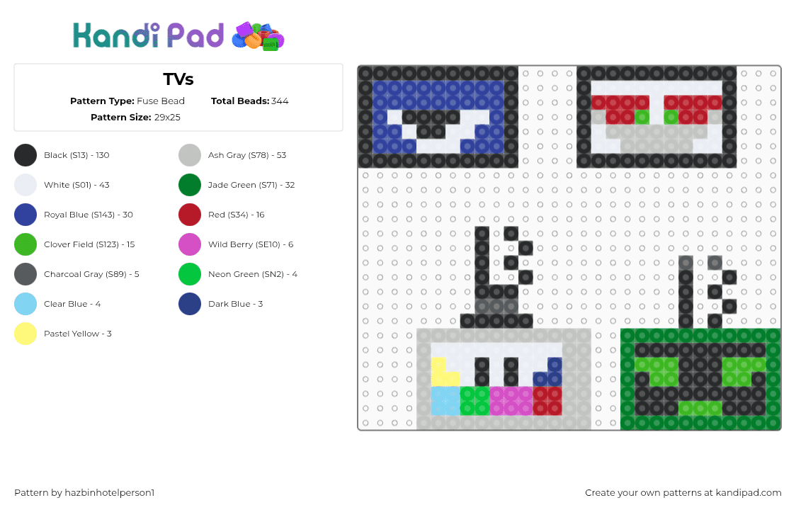 TVs - Fuse Bead Pattern by hazbinhotelperson1 on Kandi Pad - omega flowey,vee,mr puzzles,tv,characters,heads,charms,colorful,green,blue,gray