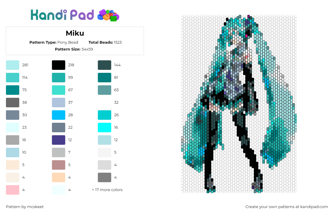 Miku - Pony Bead Pattern by mcskeet on Kandi Pad - hatsune miku,vocaloid,character,music,teal,black