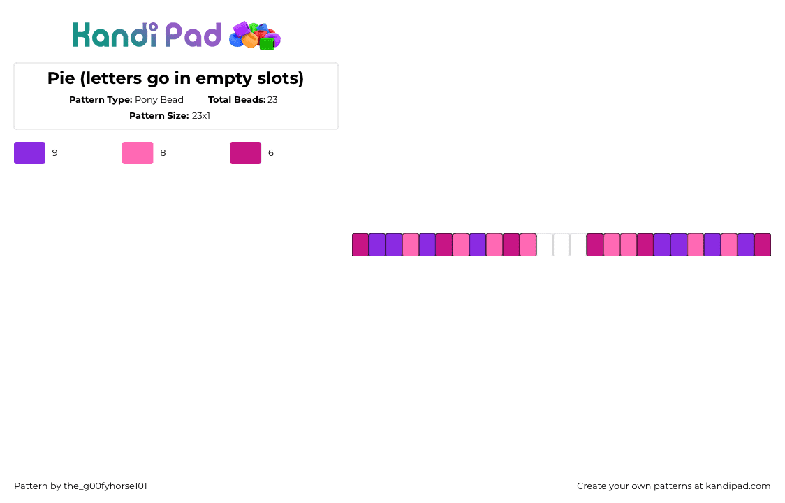 Pie (letters go in empty slots) - Pony Bead Pattern by the_g00fyhorse101 on Kandi Pad - pie,bright,single,bracelet,pink