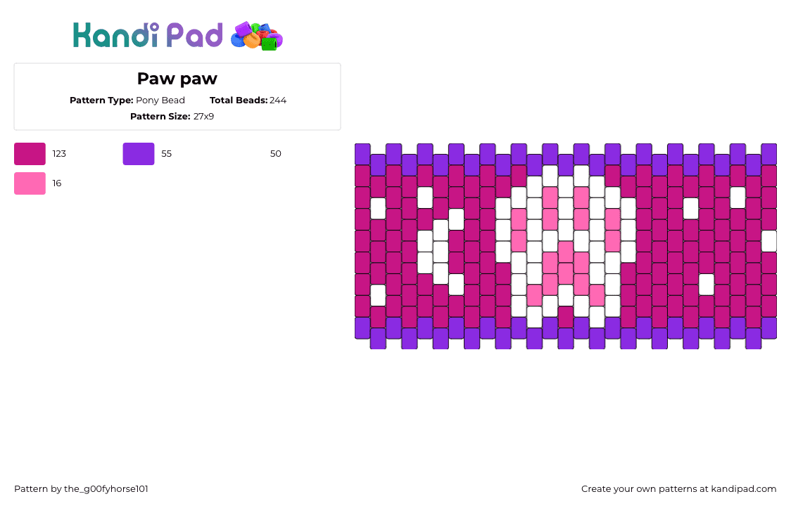 Paw paw - Pony Bead Pattern by the_g00fyhorse101 on Kandi Pad - paw print,animal,cuff,dog,cat,pink,purple