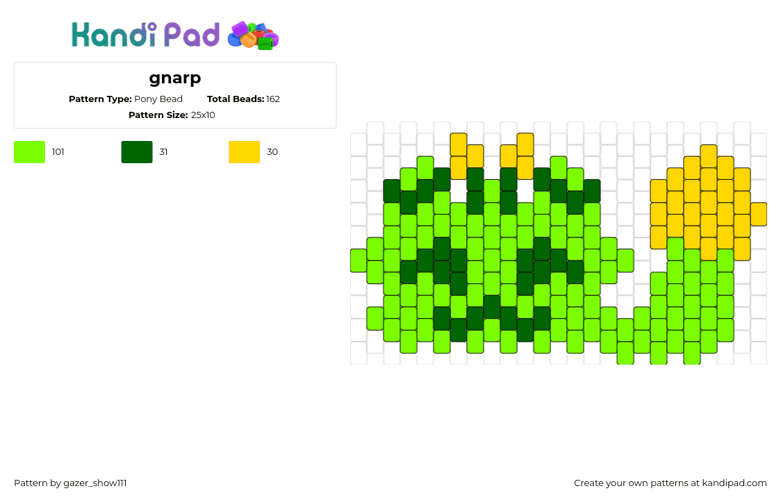 gnarp - Pony Bead Pattern by gazer_show111 on Kandi Pad - gnarp gnarp,alien,cat,cute,smile,green,yellow