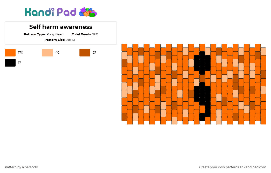 Self harm awareness - Pony Bead Pattern by alperscold on Kandi Pad - semi colon,support,text,cuff,orange,black