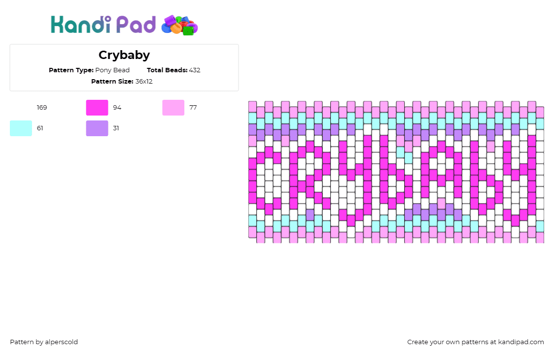 Crybaby - Pony Bead Pattern by alperscold on Kandi Pad - crybaby,melanie martinez,text,music,pastel,cuff,pink