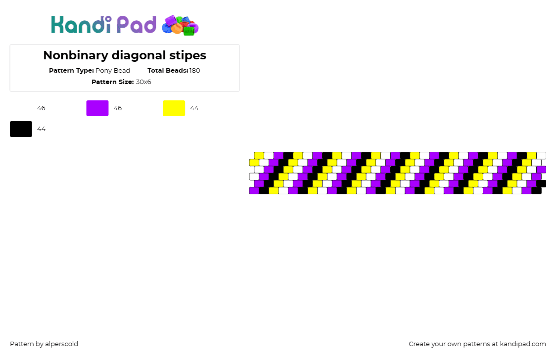 Nonbinary diagonal stipes - Pony Bead Pattern by alperscold on Kandi Pad - nonbinary,pride,diagonal,stripes,cuff,community,support,purple,yellow