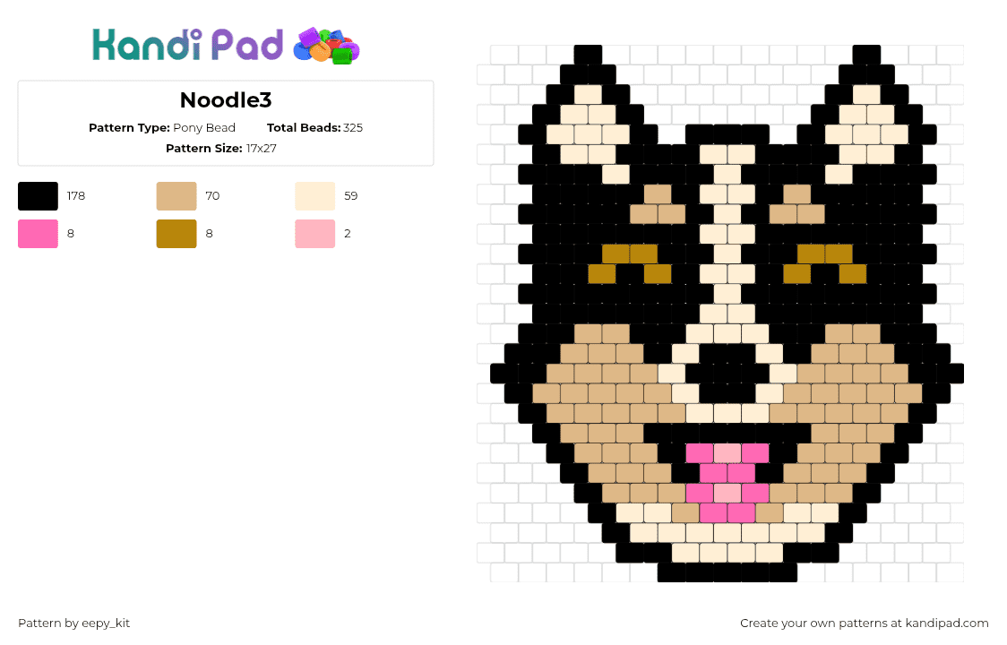 Noodle3 - Pony Bead Pattern by eepy_kit on Kandi Pad - corgi,dog,animal,pet,head,tongue,cute,tan,black