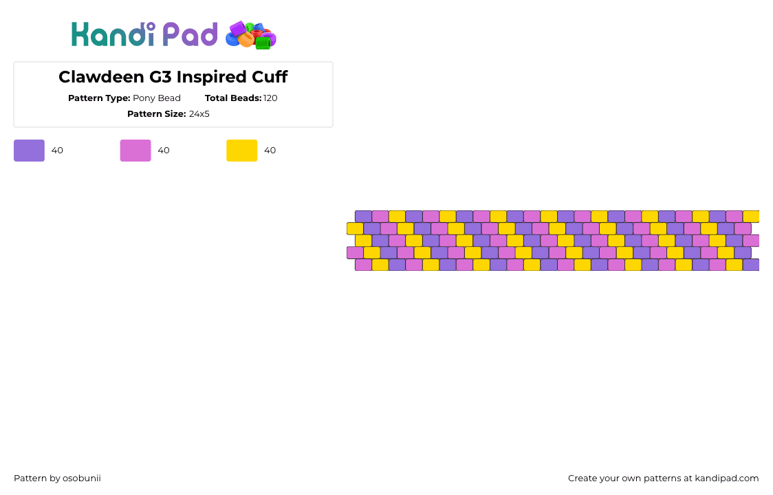 Clawdeen G3 Inspired Cuff - Pony Bead Pattern by osobunii on Kandi Pad - clawdeen,monster high,diagonal,stripes,cuff,bracelet,purple,pink,yellow