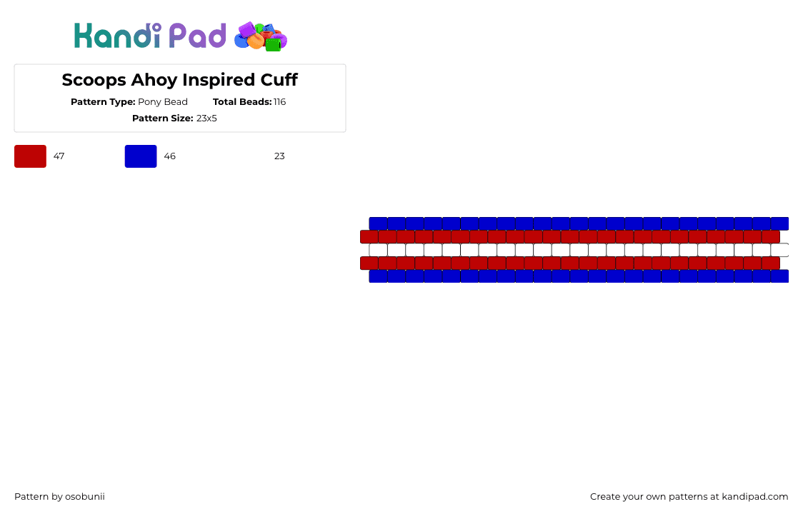 Scoops Ahoy Inspired Cuff - Pony Bead Pattern by osobunii on Kandi Pad - scoops ahoy,stranger things,ice cream,cuff,horizontal,stripes,red,blue