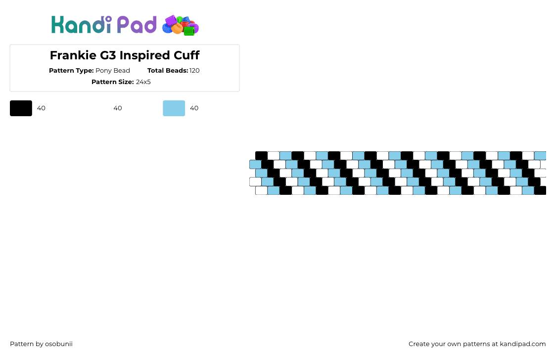 Frankie G3 Inspired Cuff - Pony Bead Pattern by osobunii on Kandi Pad - frankie,monster high,diagonal,stripes,cuff,bracelet,black,white,light blue