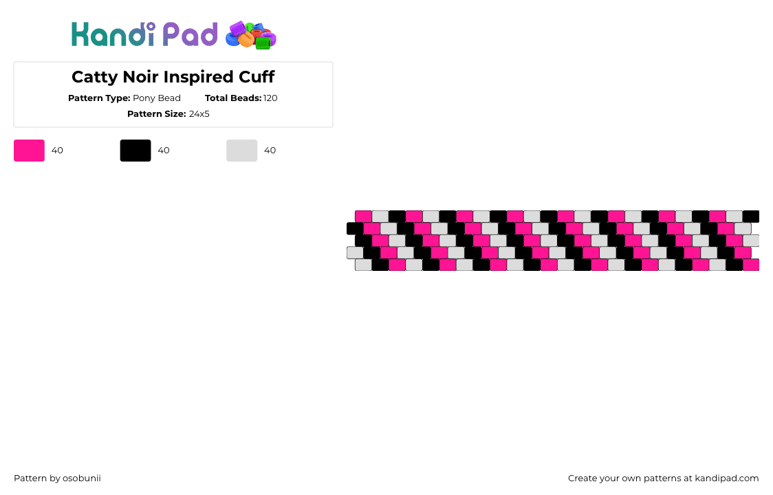 Catty Noir Inspired Cuff - Pony Bead Pattern by osobunii on Kandi Pad - catty noir,monster high,diagonal,stripes,cuff,bracelet,pink,gray,black