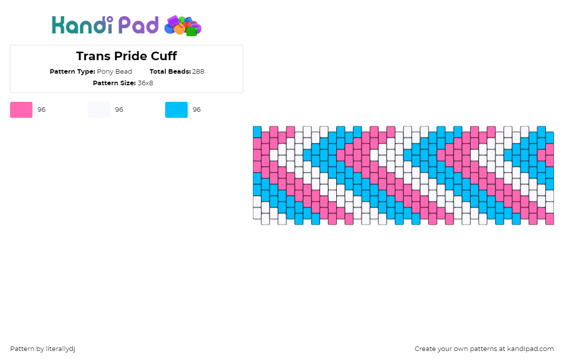 Trans Pride Cuff - Pony Bead Pattern by literallydj on Kandi Pad - trans,pride,chevron,arrows,zigzag,cuff,light blue,pink,white