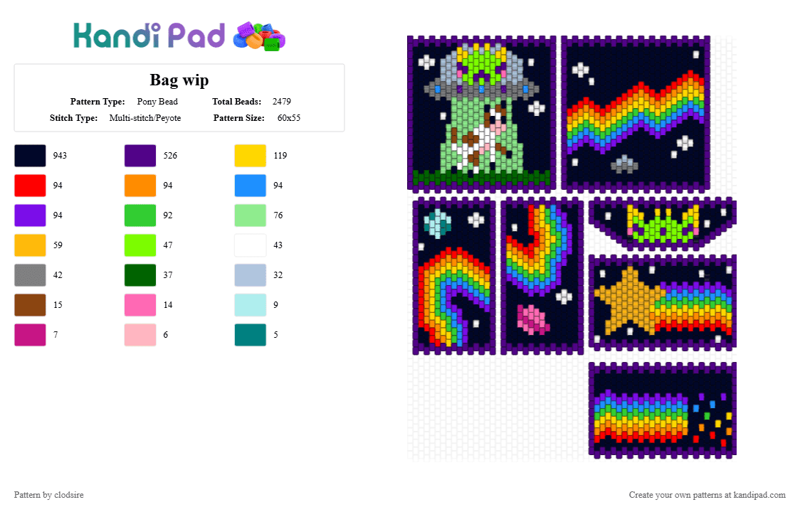 Bag wip - Pony Bead Pattern by clodsire on Kandi Pad - black,purple,green,orange