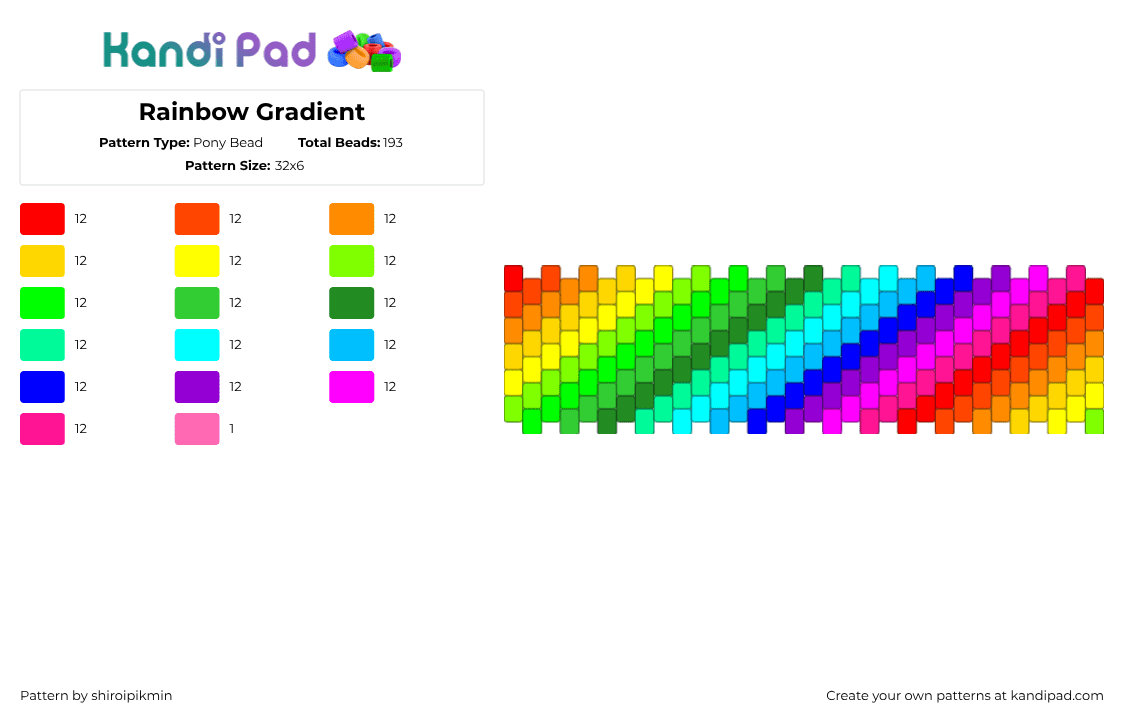 Rainbow Gradient - Pony Bead Pattern by shiroipikmin on Kandi Pad - gradient,rainbow,golorful,cuff,green,teal,pink