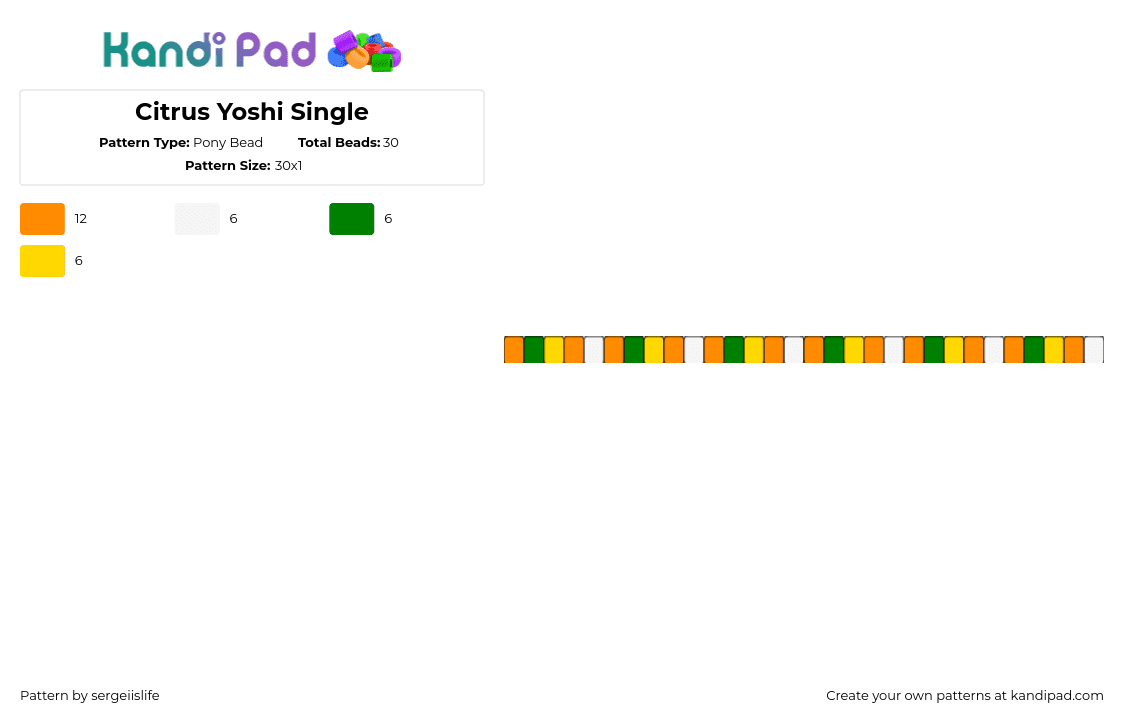 Citrus Yoshi Single - Pony Bead Pattern by sergeiislife on Kandi Pad - citrus,yoshi,nintendo,single,bracelet,green,yellow,orange