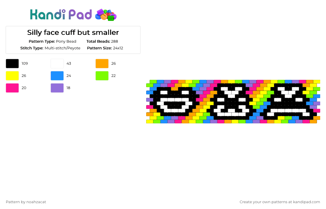 Silly face cuff but smaller - Pony Bead Pattern by noahzacat on Kandi Pad - green,light blue,orange,yellow,silly,face,cuf,fpeyote,3,d