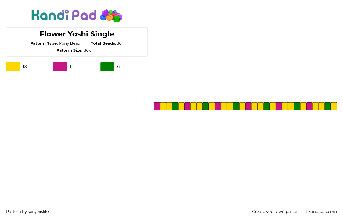 Flower Yoshi Single - Pony Bead Pattern by sergeiislife on Kandi Pad - yoshi,nintendo,single,bracelet,yellow,pink,green