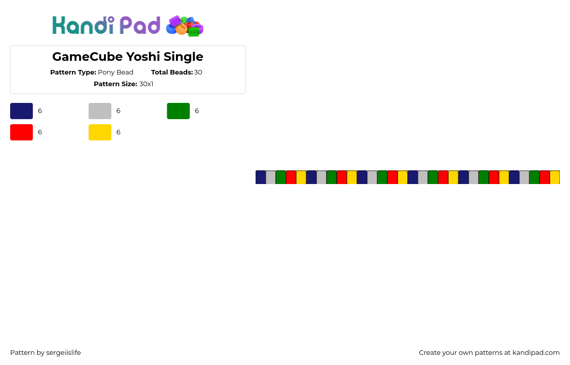 GameCube Yoshi Single - Pony Bead Pattern by sergeiislife on Kandi Pad - gamecube,yoshi,nintendo,single,bracelet,colorful,yellow,blue,red,green