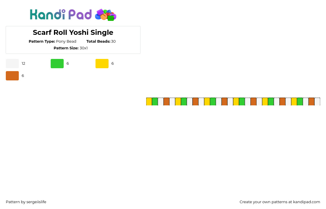 Scarf Roll Yoshi Single - Pony Bead Pattern by sergeiislife on Kandi Pad - yoshi,nintendo,single,bracelet,yellow,green,brown