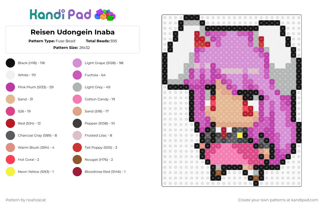 Reisen Udongein Inaba - Fuse Bead Pattern by noahzacat on Kandi Pad - pink,beige,reisen,touhou,imperishablenight,rabbit,moon,moonrabbit