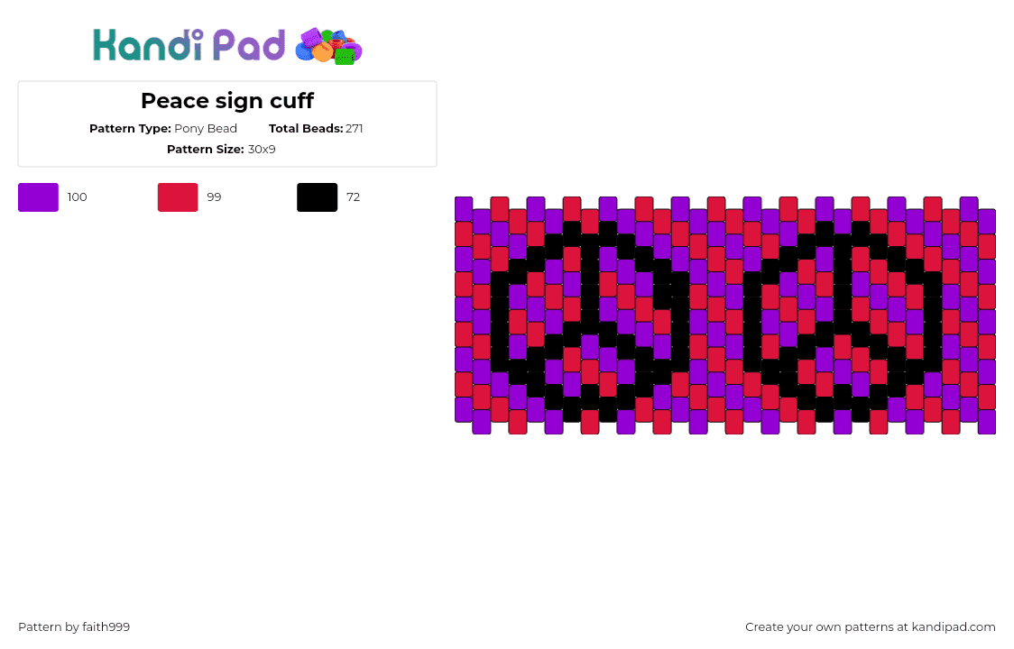 Peace sign cuff - Pony Bead Pattern by faith999 on Kandi Pad - peace,sign,diagonal,stripes,cuff,red,purple