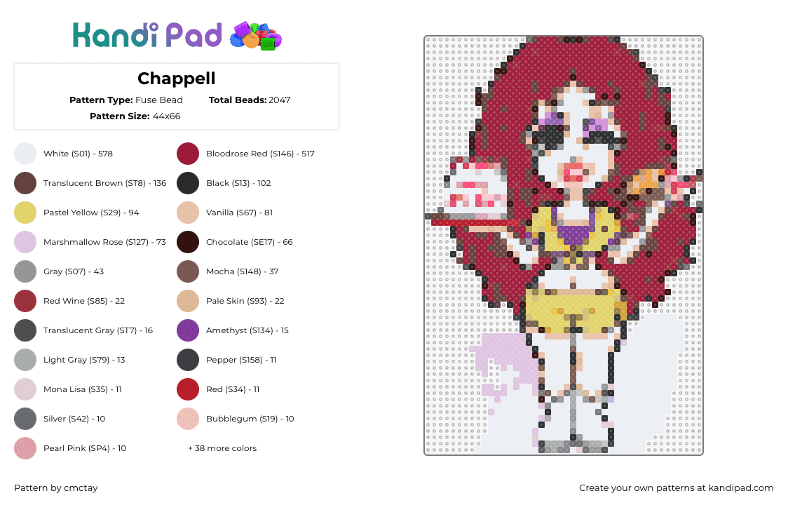 Chappell - Fuse Bead Pattern by cmctay on Kandi Pad - chappell roan,chibi,character,music,red,white