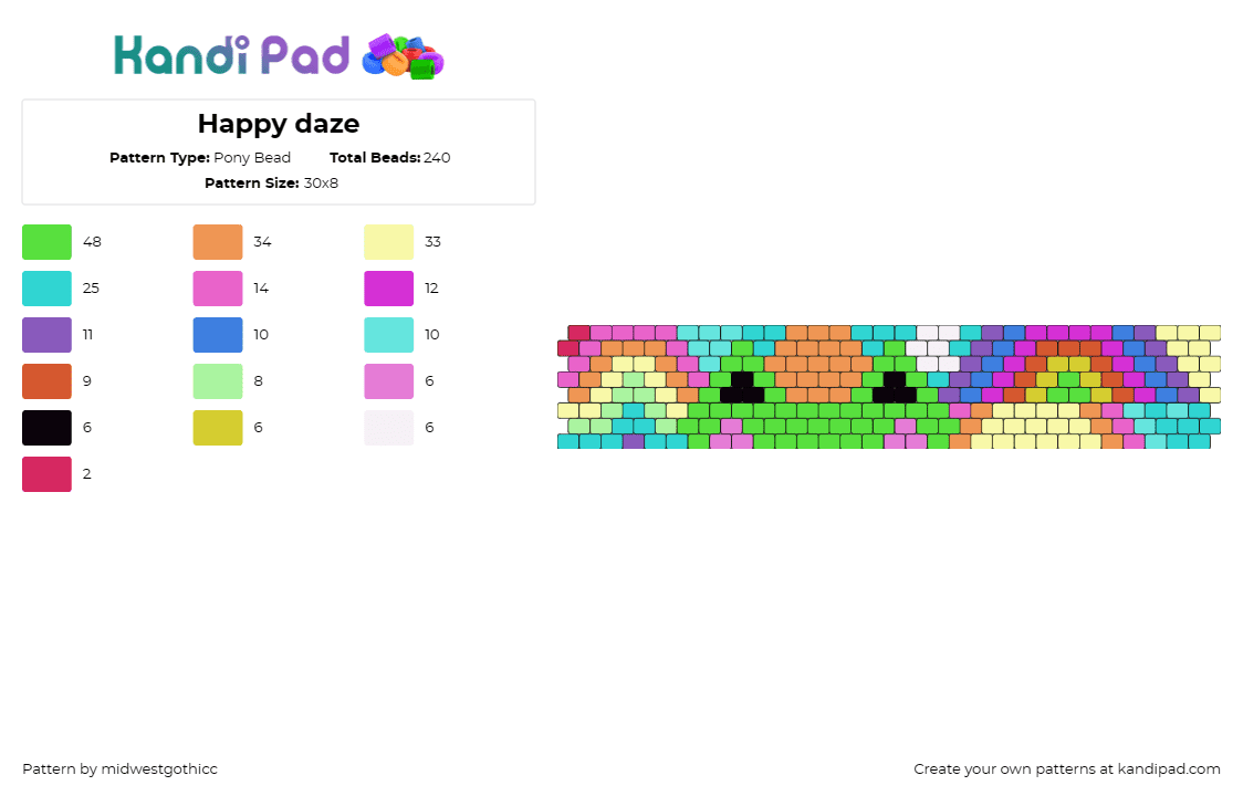 Happy daze - Pony Bead Pattern by midwestgothicc on Kandi Pad - frog,rainbows,trippy,colorful,happy,cuff,bright,green,teal