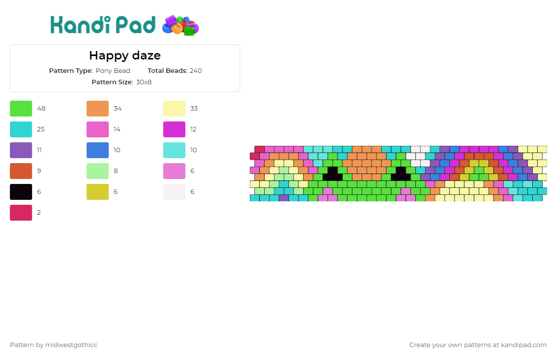 Happy daze - Pony Bead Pattern by midwestgothicc on Kandi Pad - frog,rainbows,colorful,happy,cuff