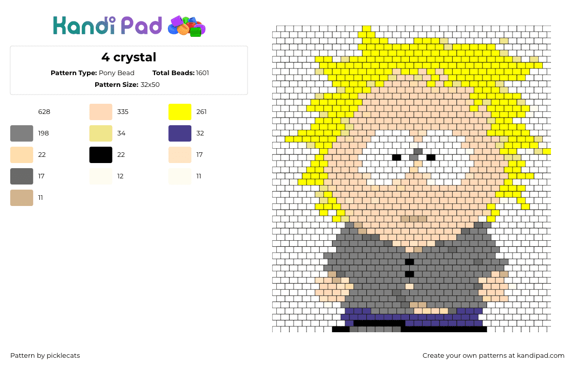 4 crystal - Pony Bead Pattern by picklecats on Kandi Pad - tweek tweak,south park,character,animation,tv show,tan,gray,yellow