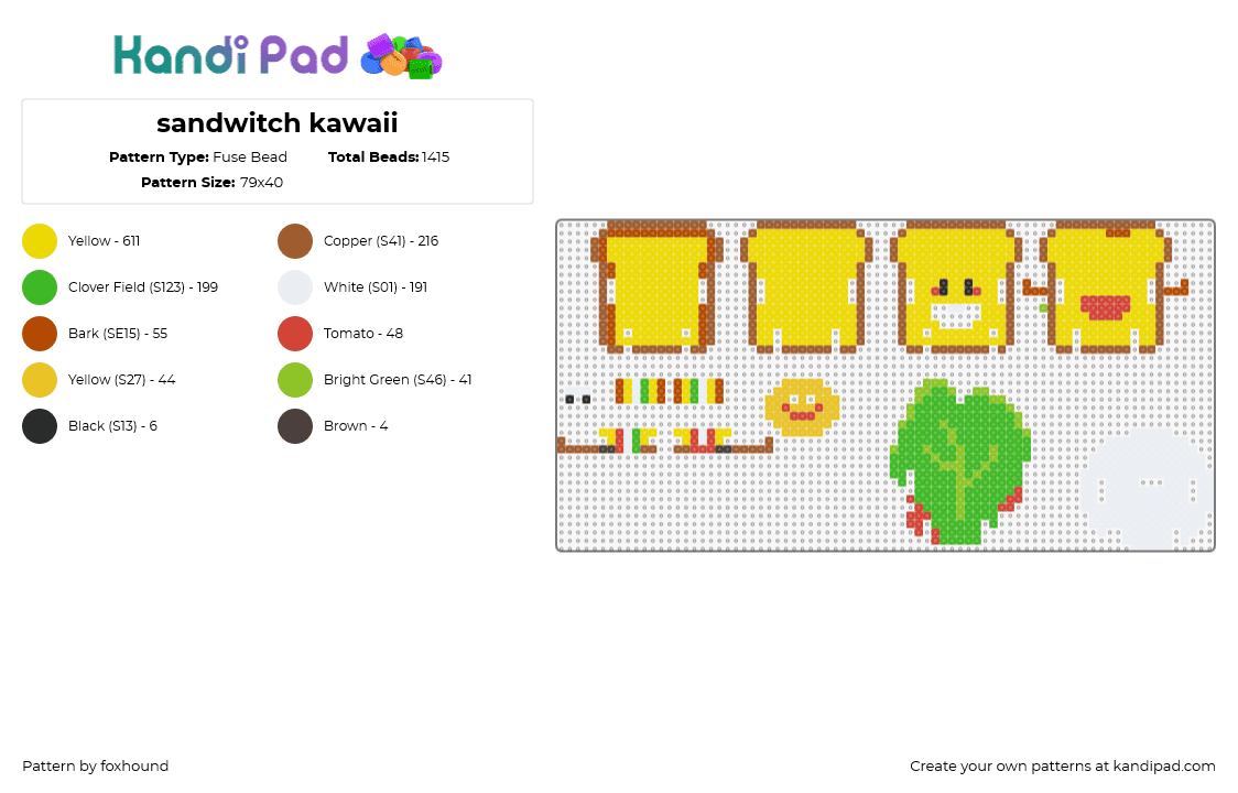 sandwitch kawaii - Fuse Bead Pattern by foxhound on Kandi Pad - sandwich,bread,3d,kawaii,cute,puzzle,character,food,yellow,green