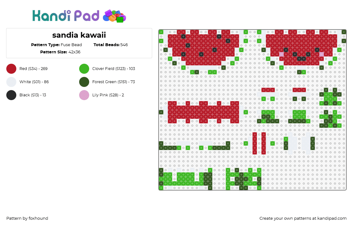 sandia kawaii - Fuse Bead Pattern by foxhound on Kandi Pad - watermelon,fruit,3d,puzzle,character,smile,cute,food,red,green