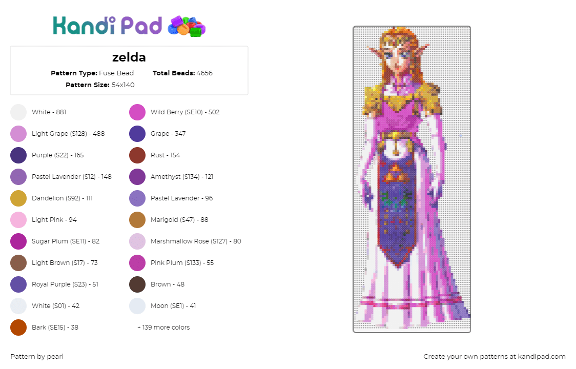 zelda - Fuse Bead Pattern by pearl on Kandi Pad - zelda,princess,legend of zelda,character,video game,dress,pink