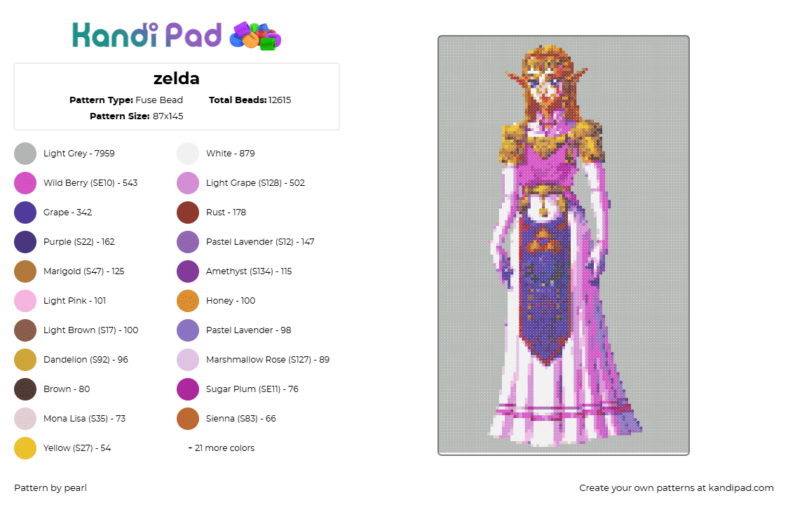 zelda - Fuse Bead Pattern by pearl on Kandi Pad - zelda,princess,legend of zelda,character,video game,dress,pink