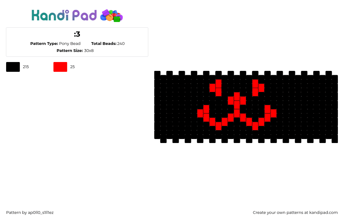 :3 - Pony Bead Pattern by ap0ll0_s1ll1ez on Kandi Pad - emoticon,emoji,face,text,cuff,black,red