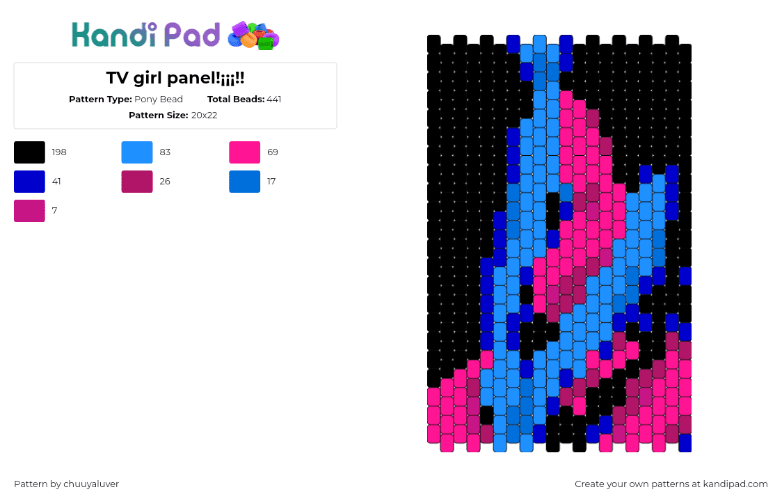 TV girl panel!¡¡¡!! - Pony Bead Pattern by chuuyaluver on Kandi Pad - tv girl,who really cares,album,band,music,panel,pink,blue,black