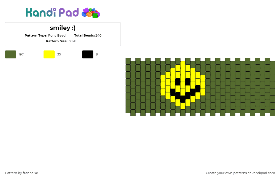 smiley :) - Pony Bead Pattern by franns-xd on Kandi Pad - smiley,emoji,face,cuff,green,yellow