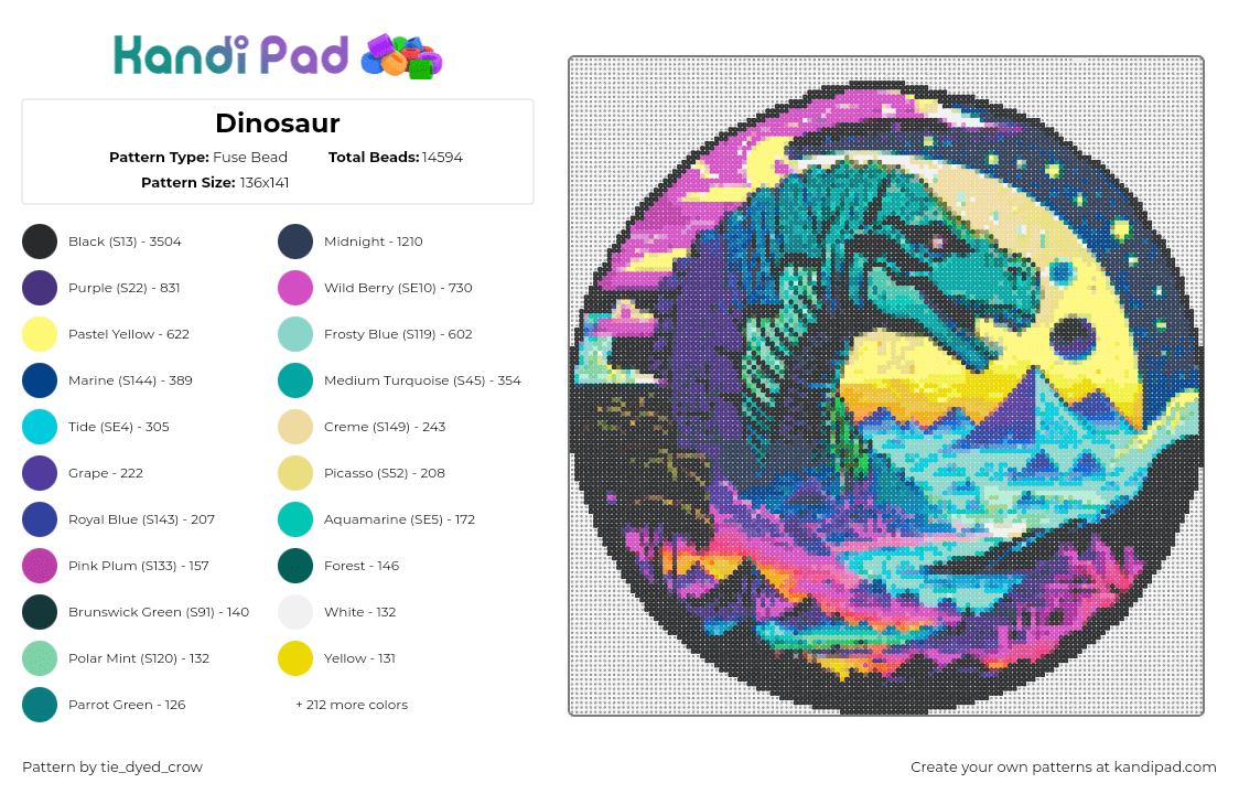 Dinosaur - Fuse Bead Pattern by tie_dyed_crow on Kandi Pad - dinosaur,landscape,fantasy,prehistoric,neon,green,teal,pink