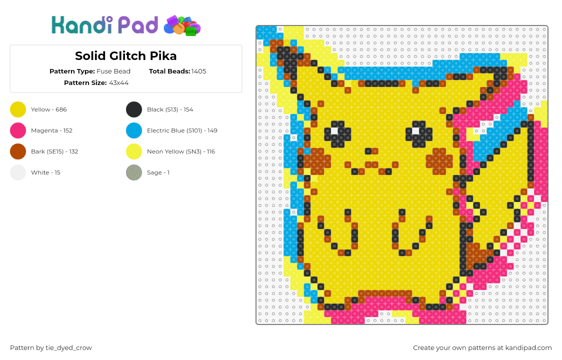 Solid Glitch Pika - Fuse Bead Pattern by tie_dyed_crow on Kandi Pad - pikachu,pokemon,glitch,trippy,character,gaming,colorful,cute,yellow,pink,light blue