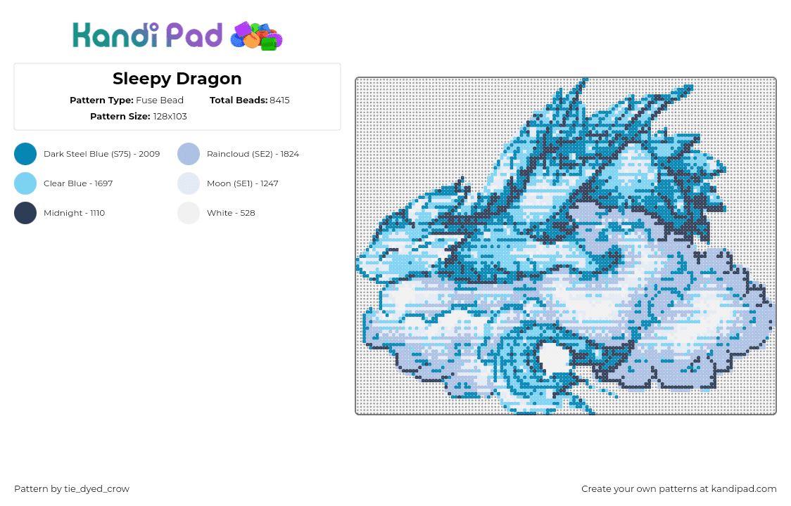 Sleepy Dragon - Fuse Bead Pattern by tie_dyed_crow on Kandi Pad - dragon,cloud,fantasy,asleep,mythological,sky,gray,light blue,teal