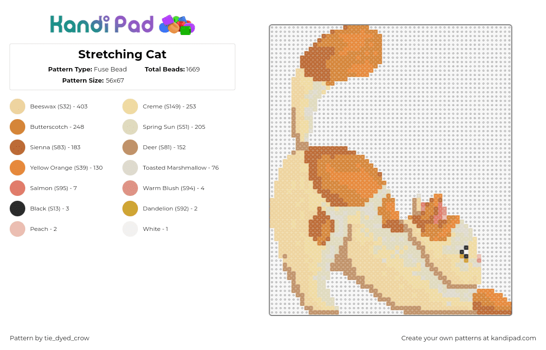 Stretching Cat - Fuse Bead Pattern by tie_dyed_crow on Kandi Pad - cat,kitty,stretch,animal,beige,orange