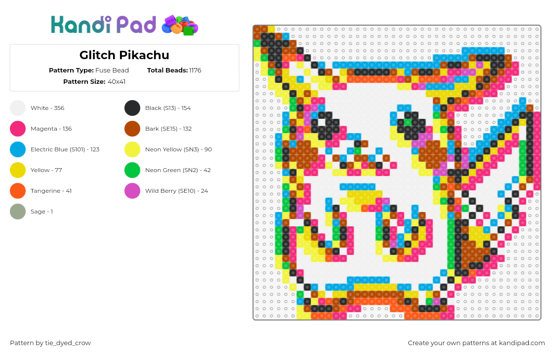 Glitch Pikachu - Fuse Bead Pattern by tie_dyed_crow on Kandi Pad - pikachu,pokemon,glitch,trippy,character,gaming,red,white