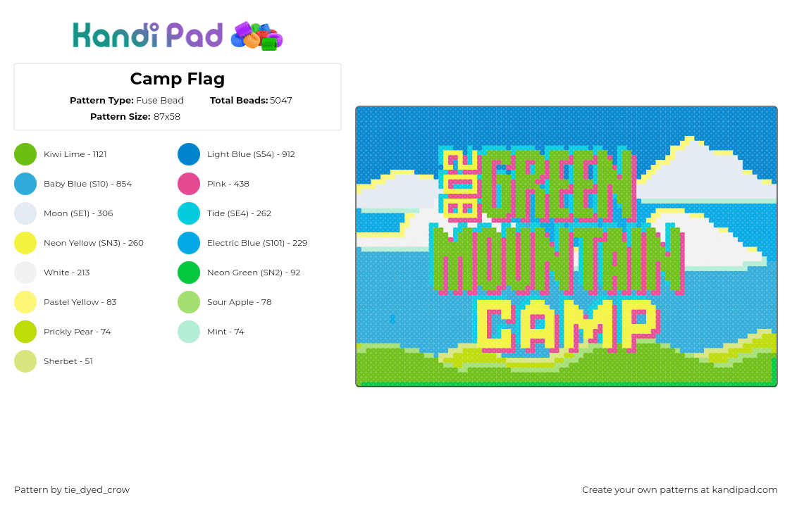 Camp Flag - Fuse Bead Pattern by tie_dyed_crow on Kandi Pad - green mountain camp,sign,flag,text,sky,landscape,blue,green