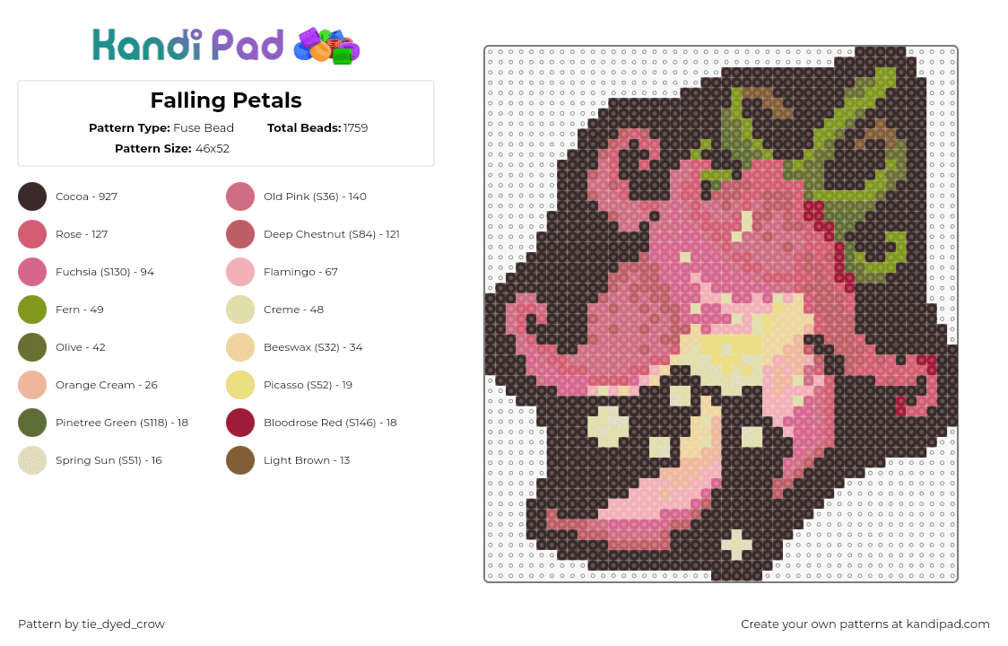 Falling Petals - Fuse Bead Pattern by tie_dyed_crow on Kandi Pad - petals,flower,badge,nature,dark,pink,green