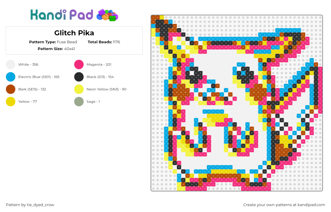 Glitch Pika - Fuse Bead Pattern by tie_dyed_crow on Kandi Pad - pikachu,pokemon,glitch,trippy,character,gaming,red,white