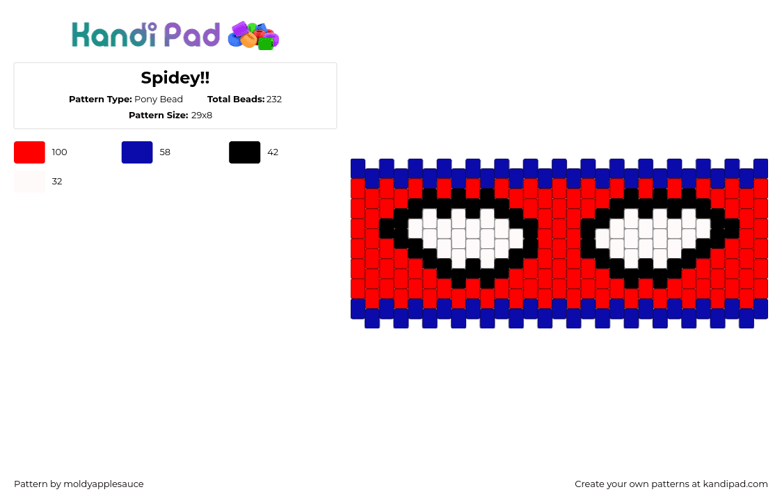 Spidey!! - Pony Bead Pattern by moldyapplesauce on Kandi Pad - spiderman,superhero,marvel,eyes,comic,cuff,red,white