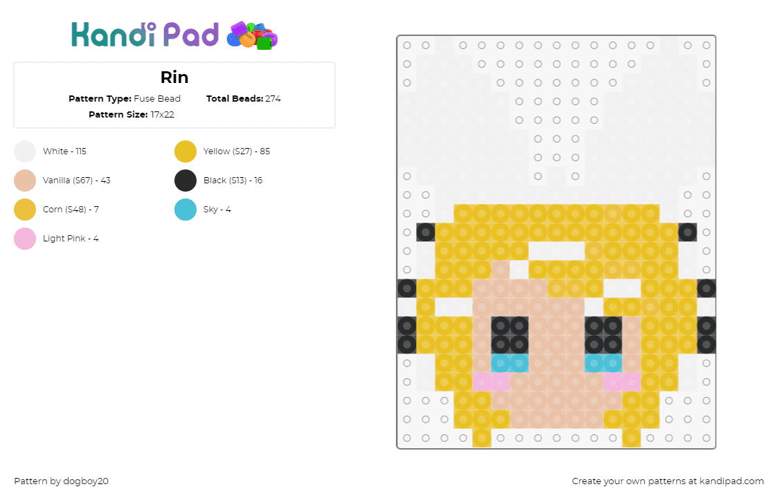 Rin - Fuse Bead Pattern by dogboy20 on Kandi Pad - kagamine rin,vocaloid,music,head,ears,blonde,yellow,white