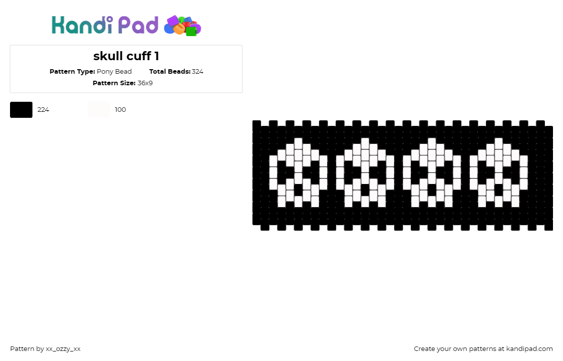 skull cuff 1 - Pony Bead Pattern by xx_ozzy_xx on Kandi Pad - skulls,spooky,halloween,dead,repeating,cuff,black,white