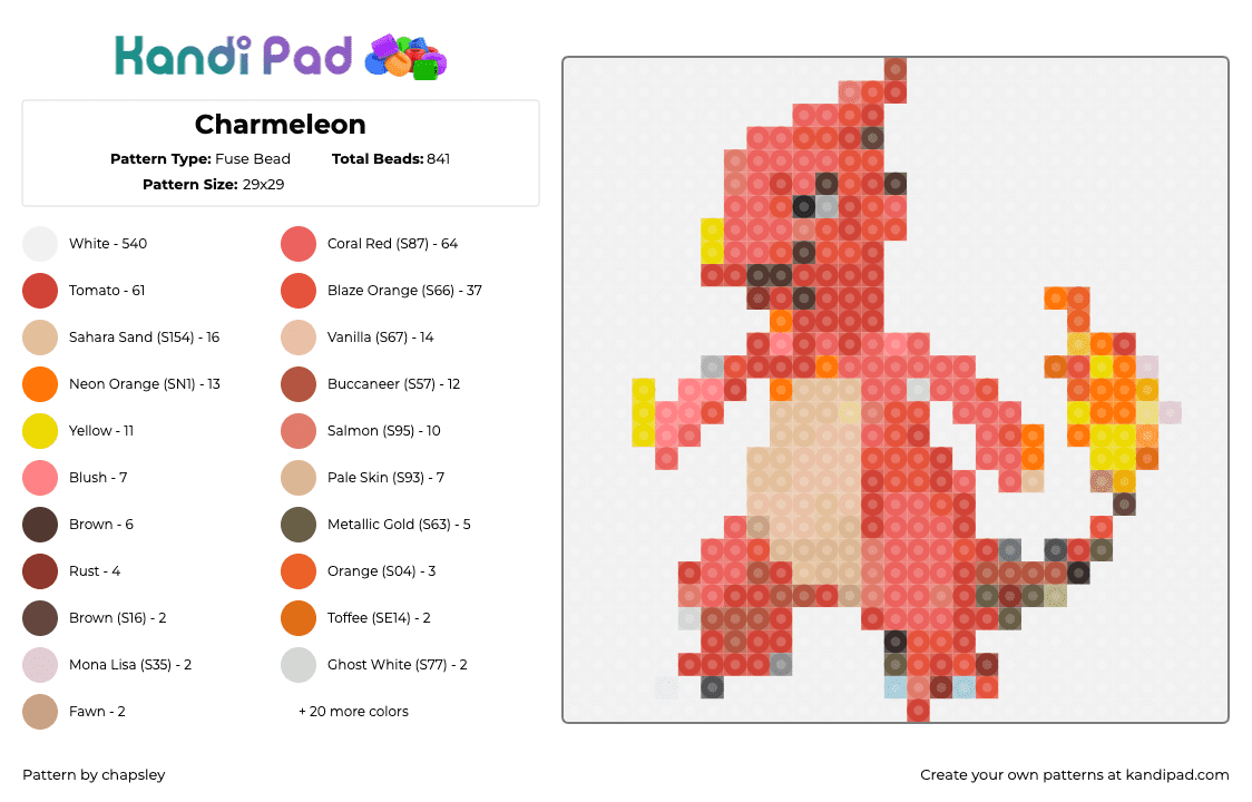 Charmeleon - Fuse Bead Pattern by chapsley on Kandi Pad - charmeleon,pokemon,character,fiery,gaming,red,orange